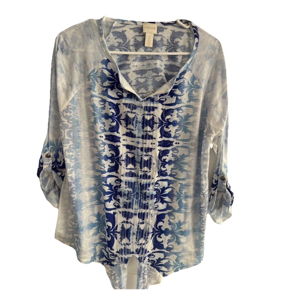 Chico's Women's 3/4 Sleeve's Embellished Tie Front Blouse Top Blue Size 2 (L)